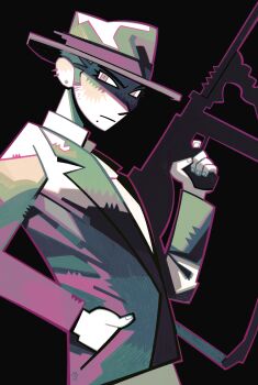 1boy black_background closed_mouth constantinnen danganronpa_(series) danganronpa_2:_goodbye_despair ear_piercing earrings eyelashes fingernails freckles gun hand_in_pocket hat highres holding holding_gun holding_weapon jacket jewelry kuzuryu_fuyuhiko limited_palette long_sleeves male_focus mole mole_under_mouth outline piercing pink_outline shaded_face shirt short_hair simple_background suit_jacket upper_body v-shaped_eyebrows v-shaped_eyes very_short_hair weapon
