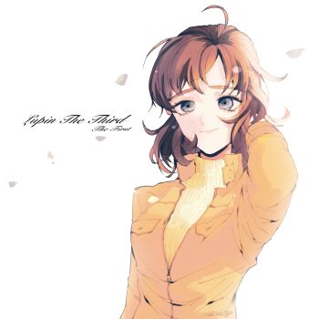 1girl arm_behind_head arm_up artist_name ashi_8 blunt_bangs blush brown_hair closed_mouth commentary commentary_request english_commentary english_text falling_petals freckles grey_eyes highres jacket laetitia_bresson long_sleeves lupin_iii lupin_iii:_the_first medium_hair mixed-language_commentary pale_color petals simple_background smile solo turtleneck twitter_username white_background yellow_jacket