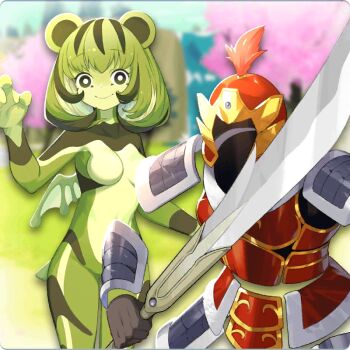 armor chinese_armor dullahan durahan_(monster_farm) frog_girl ghost green_eyes green_hair koku_mushi_(monster_farm) lily_(monster_farm) line:_monster_farm monster_farm monster_girl official_art pixie_(monster_farm) smile suction_cups sword tail weapon wings