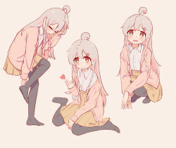 Rule 34 | 1girl, adjusting clothes, adjusting legwear, ahoge, black pantyhose, braid, chinese commentary, closed eyes, colored inner hair, commentary request, finger heart, full body, grey hair, hair between eyes, hair ornament, hairclip, hand in own hair, heart, highres, jacket, long hair, long sleeves, looking at viewer, multicolored hair, multiple views, no shoes, onii-chan wa oshimai!, open clothes, open jacket, open mouth, oyama mahiro, pantyhose, pink hair, pink jacket, pleated skirt, shirt, simple background, sitting, skirt, smile, squatting, standing, standing on one leg, twin braids, two-tone hair, wariza, white shirt, wing collar, yellow eyes, yellow skirt, ziyan yi