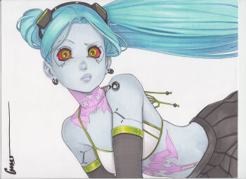 1girl aqua_hair artificial_eye artist_name bare_shoulders bikini bikini_top_only black_skirt breasts colored_sclera colored_skin cyberpunk:_edgerunners cyberpunk_(series) earrings green_eyes jewelry long_hair looking_at_viewer marker_(medium) mechanical_eye miniskirt navel neck_tattoo necklace omar_dogan pink_tattoo pleated_skirt purple_lips raised_eyebrow rebecca_(cyberpunk) red_pupils red_sclera signature skirt small_breasts solo stomach_tattoo swimsuit tattoo thick_lips traditional_media twintails white_background white_bikini white_skin