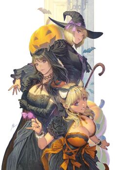 3girls animal_ears black_dress black_hair black_horns blonde_hair blue_eyes breasts brown_hair candy cat_ears cleavage dark-skinned_female dark_skin demon_girl demon_horns dress fake_animal_ears food gloves halloween halloween_costume happy_halloween hat holding homare_(fool&#039;s_art) horns jack-o&#039;-lantern large_breasts long_hair long_sleeves looking_at_viewer multiple_girls orange_dress original pinky_out pumpkin purple_dress short_hair smile two-tone_dress witch witch_hat