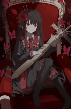 Rule 34 | 1girl, absurdres, black hair, black pantyhose, black shirt, black skirt, bug, butterfly, closed mouth, collared shirt, commentary request, flower, full body, hair flower, hair ornament, highres, holding, holding sword, holding weapon, insect, knees up, long hair, long sleeves, looking at viewer, mahou shoujo no majo saiban, necktie, nikaido hiro, no shoes, pantyhose, pleated skirt, qizhi'er, red background, red butterfly, red eyes, red flower, red necktie, shirt, sitting, sitting on throne, skirt, solo, sword, weapon