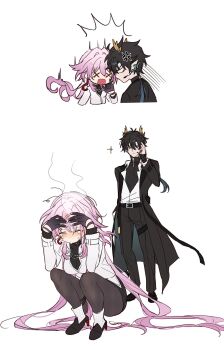 1boy 1girl black_flower black_hair black_pantyhose chibi closed_eyes commentary crying dan_heng_(honkai:_star_rail) dan_heng_(lurking)_(honkai:_star_rail) dan_heng_(permansor_terrae)_(honkai:_star_rail) dragon_boy dragon_horns evernight_(honkai:_star_rail) evernight_(lurking)_(honkai:_star_rail) eyeliner flower headbutt highres honkai:_star_rail honkai_(series) horns long_hair makeup march_7th_(honkai:_star_rail) pantyhose pink_hair red_eyeliner sp0i0ppp squatting very_long_hair x_x yellow_horns
