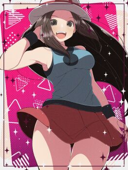 1girl blue_shirt breasts brown_eyes brown_hair feet_out_of_frame fujiwara_hiro_(kaede_ciao) happy hat highres leaf_(pokemon) long_hair long_sleeves looking_at_viewer medium_breasts nintendo open_mouth pokemon pokemon_frlg red_skirt shirt skirt smile solo standing teeth upper_teeth_only wristband
