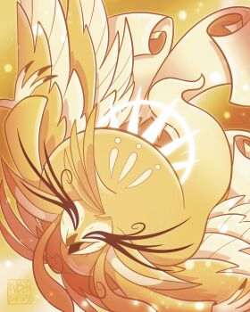 1girl absurdly_long_hair beak bird_girl blonde_hair blue_eyes dress feathers furry furry_female hazbin_hotel hellaverse highres long_eyelashes long_hair looking_at_viewer rivet_theproto solo speaker_of_god_(hazbin_hotel) very_long_hair yellow_dress yellow_feathers