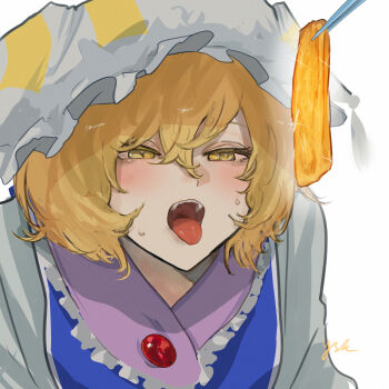 1girl blonde_hair blue_tabard chopsticks commentary_request dress eneshi food fox_girl hair_between_eyes hat highres long_sleeves looking_at_food open_mouth signature solo sweatdrop tabard teeth tofu tongue tongue_out touhou upper_body upper_teeth_only white_background white_dress yakumo_ran yellow_eyes