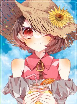 1girl :> alternate_costume blue_background brown_hair brown_hat collared_shirt cup flower food fruit gloria_(pokemon) grey_shirt hat hat_flower highres holding holding_cup looking_at_viewer nintendo one_eye_closed orange_(fruit) orange_slice pink_shirt pokemon pokemon_swsh red_eyes shirt short_hair simple_background sleeveless smile solo sun_hat sunflower to_camellia undershirt upper_body
