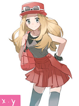 1girl bag brown_hair closed_mouth commentary eihi eyewear_on_headwear hand_on_own_hip hat leaning_forward long_hair looking_at_viewer nintendo pokemon pokemon_xy red_skirt serena_(pokemon) shirt shirt_tucked_in sketch skirt sleeveless sleeveless_shirt solo thighhighs white-framed_eyewear