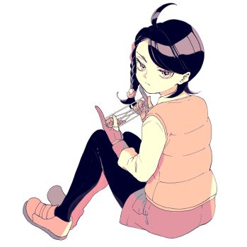 1girl ahoge back black_pantyhose braid cat&#039;s_cradle expressionless from_behind gloves hair_ornament hairclip highres holding holding_string juliana_(pokemon) limited_palette looking_at_viewer looking_back nintendo pantyhose poke_ball_hair_ornament pokemon pokemon_adventures school_uniform short_hair shorts side_braid single_braid sitting solo string uva_academy_school_uniform vest yellow_vest yui_ko