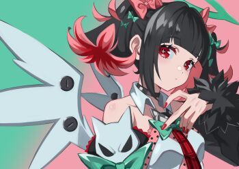 Rule 34 | 1girl, absurdres, bare shoulders, black choker, black hair, black sleeves, bow, bowtie, breasts, checkered necktie, choker, closed mouth, collarbone, colored inner hair, commentary, detached sleeves, fur-trimmed sleeves, fur trim, green background, green bow, green bowtie, green halo, hair bow, halo, hand up, highres, kurenairan77, looking at viewer, multicolored hair, multiple hair bows, nangong yu, necktie, pink background, pink bow, red eyes, red nails, red necktie, short twintails, small breasts, solo, symbol-only commentary, twintails, two-tone background, upper body, zenless zone zero