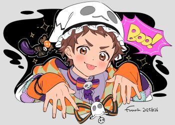 1boy :p artist_name blush bow bowtie brown_eyes brown_hair character_request commentary_request copyright_request cropped_torso dated dot_nose fingernails fuurin_(sior_fr) halloween halloween_costume hat highres layered_clothes long_sleeves male_focus purple_shirt shirt short_hair skull_ornament sleeves_past_wrists solo speech_bubble tongue tongue_out v-shaped_eyebrows