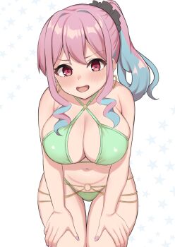 1girl :d bare_arms bare_shoulders belly_chain bikini black_scrunchie blue_hair blush breasts cleavage commentary cowboy_shot criss-cross_halter earrings green_bikini hair_ornament hair_scrunchie halterneck hands_on_own_thighs highres hoop_earrings hozuki_kaede jewelry large_breasts leaning_forward long_hair looking_at_viewer mk_r1808 multicolored_hair navel onii-chan_wa_oshimai! open_mouth pink_hair ponytail red_eyes scrunchie sidelocks simple_background smile solo star_(symbol) star_symbol_background swimsuit thigh_gap two-tone_hair white_background