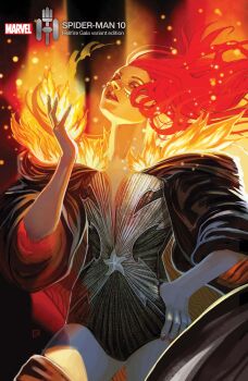 1girl absurdres black_jacket comic_cover company_name copyright_name cover cover_page cowboy_shot english_text fire firestar_(marvel) floating_hair glowing_clothes gold_jacket grey_leotard hand_on_own_hip hellfire_gala highres jacket leotard long_hair looking_at_viewer looking_to_the_side marvel multicolored_hair official_alternate_costume official_art orange_hair pyrokinesis red_hair red_nails solo spider-man_(series) star_(symbol) stephanie_hans two-sided_fabric two-sided_jacket western_comics_(style) x-men