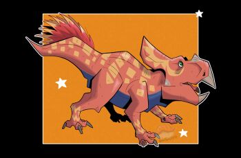 absurdres artist_logo black_background commentary dinosaur english_commentary fossil_fighters from_side highres logo no_humans open_mouth orange_background proto_(fossil_fighters) protoceratops snek_snack solo star_(symbol) two-tone_background vivosaur watermark