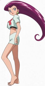 1girl ai-assisted bare_arms bare_legs barefoot blue_eyes earrings feet jessie_(pokemon) jewelry lips lipstick long_hair makeup midriff nintendo official_art pokemon pokemon_(anime) purple_hair self-upload simple_background team_rocket team_rocket_uniform third-party_edit toes white_background