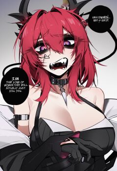 Rule 34 | 1girl, ace glitch, angry, arknights, arknights: endfield, bare shoulders, belt, belt collar, black belt, black collar, black dress, black gloves, black horns, breasts, cleavage, collar, collarbone, commentary, demon horns, double-parted bangs, dress, english commentary, english text, gloves, gradient background, grey background, hair between eyes, hair intakes, hand up, highres, horns, jacket, jacket partially removed, laevatain (arknights), large breasts, long hair, looking at viewer, open mouth, pearto, purple eyes, raised eyebrow, red hair, sharp teeth, solo, speech bubble, surtr (arknights), talking, teeth, upper body, white jacket