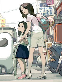 2boys 2girls among_us ankle_socks backpack bag black_eyes black_hair black_skirt brown_skirt car city commentary_request high_heels highres holding holding_hands holding_umbrella long_hair mother_and_daughter motor_vehicle motorcycle multiple_boys multiple_girls office_lady_taiwan outdoors parted_lips pencil_skirt pink_bag pink_shoes pumps shirt shoes short_sleeves skirt socks tennohi umbrella white_(among_us) white_shirt white_shoes white_socks