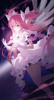 1girl absurdres bow breasts choker commentary_request dress feet_out_of_frame floating floating_hair floating_object gloves glowing hair_bow hands_up high-low_dress highres kaname_madoka long_hair looking_at_object mahou_shoujo_madoka_magica mahou_shoujo_madoka_magica_(anime) medium_breasts parted_lips pink_hair shali short_sleeves solo soul_gem star_(sky) starry_sky_background thighhighs two_side_up ultimate_madoka very_long_hair white_bow white_choker white_dress white_gloves yellow_eyes