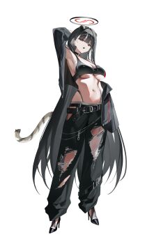 1girl absurdres alternate_costume black_hair black_halo blue_archive bright_pupils halo highres long_hair multicolored_halo r_aeel red_eyes ringed_eyes rio_(blue_archive) simple_background solo two-tone_halo very_long_hair white_background white_pupils