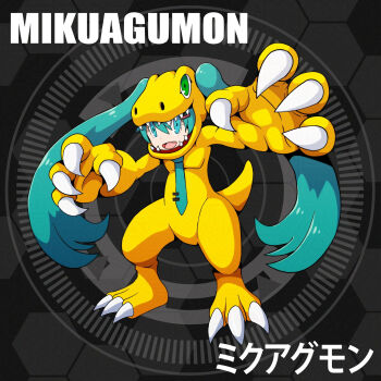 Rule 34 | 1girl, agumon, agumon (cosplay), blue eyes, blue hair, circle, claws, cosplay, d sandy, digimon, female focus, hatsune miku, highres, solo, tail, vocaloid