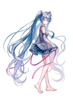 1girl absurdres aqua_eyes aqua_hair armpit_crease bare_legs bare_shoulders barefoot commentary_request detached_sleeves floating_hair highres long_hair long_sleeves looking_at_viewer pipi_(pipinavigation) pleated_skirt red_ribbon ribbon shirt skirt sleeveless sleeveless_shirt standing twintails vocaloid white_background