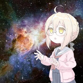 1girl ahoge artoria_pendragon_(fate) blonde_hair chibi fate/grand_order fate_(series) glasses jacket meme mysterious_heroine_x_alter_(fate) photo_background pink_jacket pleated_skirt red_sailor_collar sailor_collar signature skirt space_cat_(meme) tokio_saotome yellow_eyes