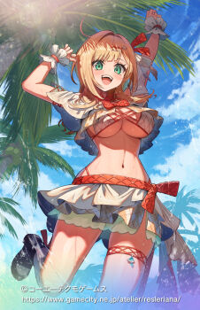 1girl alvina_zimlock arm_up atelier_(series) atelier_resleriana black_shoes blonde_hair blue_sky breasts commentary_request day eyelashes green_eyes highres kuroi_susumu large_breasts midriff navel official_art open_mouth palm_tree red_ribbon ribbon shoes skirt sky solo thigh_strap translation_request tree underboob watermark web_address white_skirt wrist_cuffs