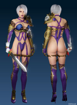 1girl 3d absurdres armor ass bikini_armor blue_eyes grey_hair high_heels highres isabella_valentine leotard lipstick makeup namco short_hair shoulder_armor soul_calibur stilettos sword weapon zabzarock