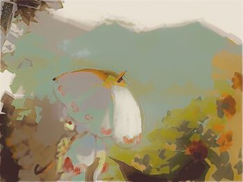 Rule 34 | 1girl, abstract, bat wings, commentary, from side, full lake, hashtag-only commentary, holding, holding umbrella, muted color, outdoors, red eyes, remilia scarlet, solo, touhou, umbrella, upper body, wide shot, wings