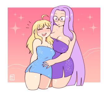 2girls :o ahoge artoria_pendragon_(fate) bad_anatomy bad_hands blonde_hair border breasts commentary cropped_legs dress english_commentary fate/stay_night fate_(series) highres kujikawaii large_breasts leaning_on_person medusa_(fate) medusa_(rider)_(fate) multiple_girls open_mouth purple_eyes purple_hair purple_nails saber_(fate) short_dress side_slit small_breasts sparkle star_(symbol) strapless strapless_dress teeth upper_teeth_only