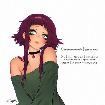 1girl arched_bangs bare_shoulders black_choker breasts choker closed_mouth commentary english_commentary english_text green_eyes green_shirt lips looking_at_viewer off-shoulder_shirt off_shoulder original purple_hair shirt short_hair_with_long_locks sidelocks simple_background smile solo sweat teyoid upper_body white_background