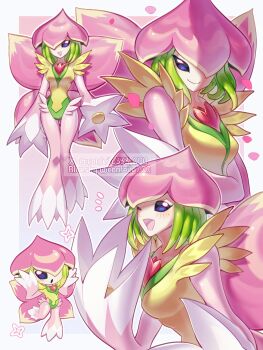 1girl breasts colored_skin commentary confeito000_333 digimon digimon_(creature) fairy full_body green_eyes green_leotard highres leotard lilamon multiple_views petals pink_background pink_petals pink_skin short_hair smile symbol-only_commentary