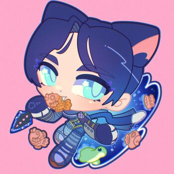 1girl abyuramu_yukidaruma animal_ears animification apex_legends black_bodysuit black_boots black_gloves black_hair blue_eyes blush bodysuit boots cat_ears cat_girl cat_tail chibi food gloves hair_behind_ear highres holding holding_knife hope&#039;s_dusk_(apex_legends) kemonomimi_mode knife kunai looking_to_the_side nessie_(respawn) pink_background portal_(object) simple_background smile solo star_(symbol) star_in_eye symbol_in_eye tail taiyaki wagashi weapon wraith_(apex_legends)