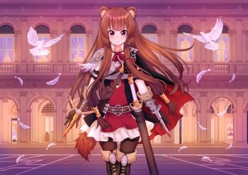 1girl adapted_costume alternate_legwear animal_ear_fluff animal_ears armor armored_boots assassin assassin&#039;s_creed_(series) belt bird black_cape black_dress black_pantyhose blunt_bangs boots breastplate breasts brown_boots brown_gloves brown_hair cape closed_mouth collared_dress colored_inner_jacket concealed_weapon cowboy_shot dove dress elbow_gloves falling_feathers feathers floating_cape floating_hair frown gloves hidden_blade_(assassin&#039;s_creed) high_collar indoors kitsuneco long_hair long_sleeves looking_at_viewer medium_breasts missing_commentary multiple_belts neck_ribbon pantyhose pauldrons pinstripe_dress pinstripe_pattern pouch raccoon_ears raccoon_girl raccoon_tail raphtalia red_cape red_dress red_eyes red_ribbon ribbon scabbard sheath sheathed short_dress shoulder_armor single_pauldron sleeveless sleeveless_dress solo standing straight-on straight_hair sword tail tate_no_yuusha_no_nariagari tearing_up thigh_boots thigh_gap v-shaped_eyebrows weapon white_dress