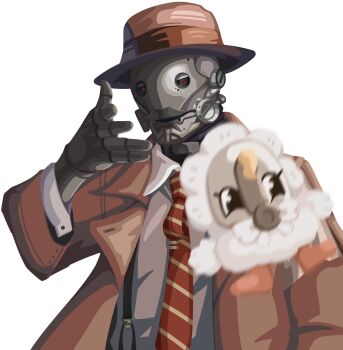 1boy arknights brown_hat coat collared_shirt facial_hair fedora gribberoni hat highres humanoid_robot lapels long_sleeves looking_at_viewer male_focus meme mustache necktie notched_lapels open_clothes open_coat parted_lips red_necktie robot shirt simple_background solo throwing tin_man_(arknights) upper_body white_background white_shirt wing_collar woe_plague_be_upon_ye_(meme)