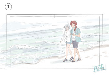2girls beach black_sandals blue_shirt closed_eyes closed_mouth commentary_request grey_hair grey_shorts gundam gundam_suisei_no_majo hand_on_another's_arm highres jewelry long_hair miorine_rembran monto_(user_dmde2437) multiple_girls ocean open_mouth outdoors ponytail red_hair ring sandals shirt short_hair shorts smile suletta_mercury thick_eyebrows walking waves wedding_ring white_shirt wife_and_wife yuri