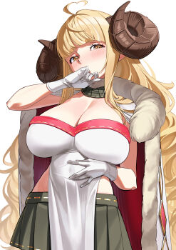 absurdres anila_(granblue_fantasy) blonde_hair blush breasts cape cleavage commentary_request covering_own_mouth curled_horns curly_hair draph gloves granblue_fantasy grey_skirt hand_on_own_chin highres horns large_breasts long_hair pleated_skirt ryoyu_(ryoyustarlight) skirt stomach white_background white_gloves yellow_eyes