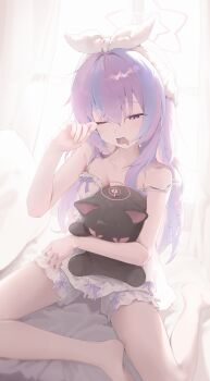 1girl absurdres backlighting bare_legs bare_shoulders blue_archive character_doll commentary_request daengj doll facing_viewer hairband highres kazusa_(blue_archive) korean_commentary long_hair mixed-language_commentary multicolored_hair on_bed one_eye_closed purple_eyes purple_hair reisa_(blue_archive) rubbing_eyes solo stuffed_animal stuffed_cat stuffed_toy two-tone_hair white_hairband