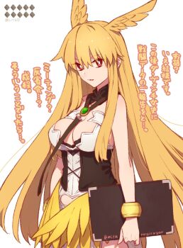 1girl armor armored_dress bare_shoulders blonde_hair bracelet breastplate breasts brooch clipboard corset dress fate/grand_order fate_(series) gameplay_mechanics head_wings highres jewelry large_breasts long_hair looking_at_viewer mitsurugi_sugar parted_lips red_eyes sidelocks thrud_(fate) translation_request valkyrie_(fate) white_dress wings