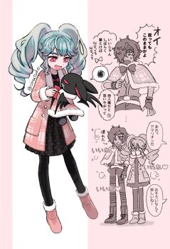 1boy 1girl annoyed black_dress black_pantyhose blue_hair boots capelet coat commentary_request covering_face dress drill_hair full_body hair_over_one_eye highres idol_land_pripara katasumi_amari long_hair long_sleeves mario_(pripara) mario_(rabbit)_(pripara) multiple_views open_mouth pants pantyhose pink_boots pink_coat pretty_series pripara short_hair smile speech_bubble spoken_squiggle squiggle standing stuffed_animal stuffed_rabbit stuffed_toy surprised sweatdrop translation_request tsunawo twin_drills twintails winter_clothes