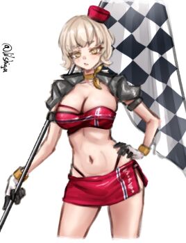 1girl adapted_turret alternate_costume bandeau black_jacket blonde_hair breasts checkered_flag cleavage commentary_request contrapposto cropped_jacket flag gloves hand_on_own_hip hat highleg highleg_panties highres jacket kantai_collection large_breasts lilshigu miniskirt navel norge_(kancolle) panties race_queen red_bandeau red_hat red_skirt short_hair simple_background skirt solo twitter_username underwear white_background white_gloves yellow_eyes