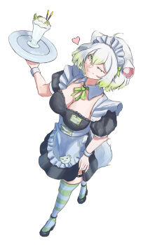 1girl animal_ears apron autumn_tealeaf breasts cleavage clothes_lift dress dress_lift ferret_girl food fruit green_eyes green_hair hashtag-only_commentary heart highres ice_cream indie_virtual_youtuber laimu_(vtuber) large_breasts lime_(fruit) lime_slice maid maid_apron maid_headdress one_eye_closed plate short_hair striped_clothes striped_thighhighs tail teasing thigh_strap thighhighs thighs virtual_youtuber white_background white_hair white_tail