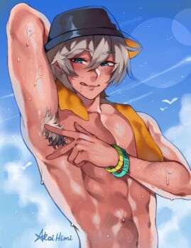 1boy abs akaihimi aqua_eyes arm_hair arm_up armpit_hair armpits artist_name blue_sky blush commentary english_commentary grey_hair hair_between_eyes highres looking_at_viewer male_focus navel nude official_alternate_costume simple_bird sky solo spread_armpit sweat tan upper_body wise_(peaceful_waves)_(zenless_zone_zero) wise_(zenless_zone_zero) zenless_zone_zero