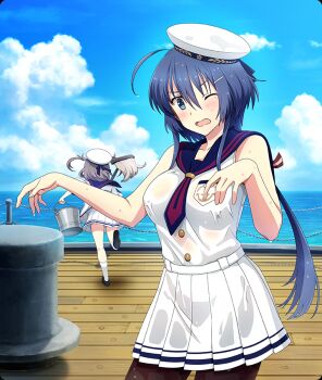 2girls ahoge bare_shoulders belt black_pantyhose black_shoes blue_hair blue_ribbon blue_sailor_collar blue_sky blush bucket buttons cloud cloudy_sky collarbone cowboy_shot day game_cg grey_hair hair_ornament hair_ribbon hairclip hands_up hat hat_ribbon holding holding_bucket holding_mop horizon long_hair looking_at_viewer low_ponytail mole mole_under_eye mop multiple_girls necktie ocean official_art one_eye_closed open_mouth outdoors pantyhose ponytail red_necktie red_ribbon ribbon running sailor_collar sailor_hat sailor_shirt setouchi_chie shichinosato_kofuki ship ship_deck shirt shoes skirt sky sleeveless sleeveless_shirt socks striped_ribbon third-party_source toji_no_miko toji_no_miko:_kizamishi_issen_no_tomoshibi twintails watercraft wet wet_clothes wet_shirt wet_skirt white_belt white_hat white_shirt white_socks wooden_deck