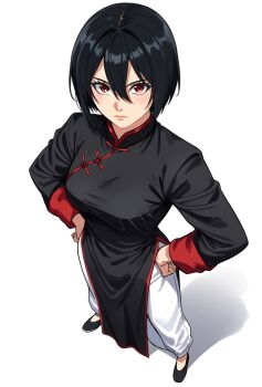 1girl absurdres black_dress black_hair changpao china_dress chinese_clothes dress from_above hand_on_own_hip highres kokoro_no_koibito kung_fu looking_at_viewer martial_arts monk original red_eyes self-upload shaolin_monk short_hair solo training