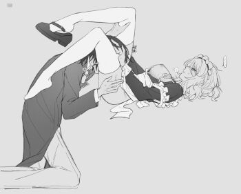 ... 1boy 1girl alternate_costume apron blush breasts commentary couple cunnilingus dress english_commentary enmaided faust_(project_moon) feet_out_of_frame from_side full_body greyscale hand_on_another's_head hetero highres inori_(qiming404) kneeling large_breasts limbus_company lying maid maid_headdress monochrome nipples on_back oral pants parted_lips platform_shoes project_moon shoes short_hair single_shoe spoken_ellipsis spread_legs sweat tailcoat thighhighs yi_sang_(project_moon)