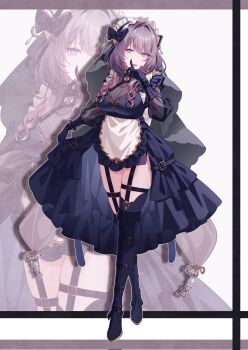 1girl black_dress black_gloves black_shoes black_thighhighs black_veil breasts dress frilled_hairband frills gloves grey_eyes hairband hashtag-only_commentary highres jewelry long_hair long_sleeves medium_breasts open_mouth original pochimaru_(marumaru_wanwan) pointy_ears purple_hair shoes simple_background smile solo thigh_strap thighhighs veil zoom_layer