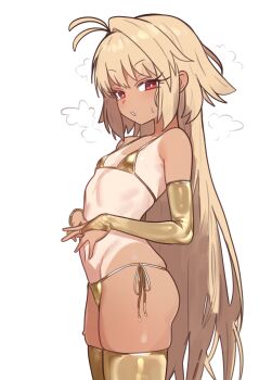 1girl absurdres aged_down antenna_hair arcueid_brunestud bad_link bikini blonde_hair breasts bridal_gauntlets cowboy_shot ebora eco-arc gold_bikini gold_thighhighs highres loli long_hair looking_at_viewer micro_bikini navel one-piece_tan red_eyes side-tie_bikini_bottom small_breasts solo swimsuit tan tanline tsukihime very_long_hair white_background
