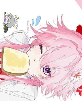 1girl 1other bread bread_slice commentary_request evanescia_(honkai:_star_rail) flower flying_sweatdrops food food_in_mouth hair_flower hair_ornament highres honkai:_star_rail honkai_(series) long_hair nyoki1586714 one_eye_closed pink_flower pink_hair purple_eyes rotated seeing_stars simple_background trailblazer_(honkai:_star_rail) twitter_username unfinished upper_body vomiting_rainbows white_background x_x